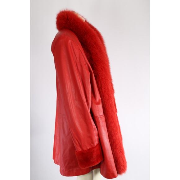 Vintage Red Leather Reversible Coat Fox Fur Collar Size M Luxury Retro Winter - Picture 12 of 16